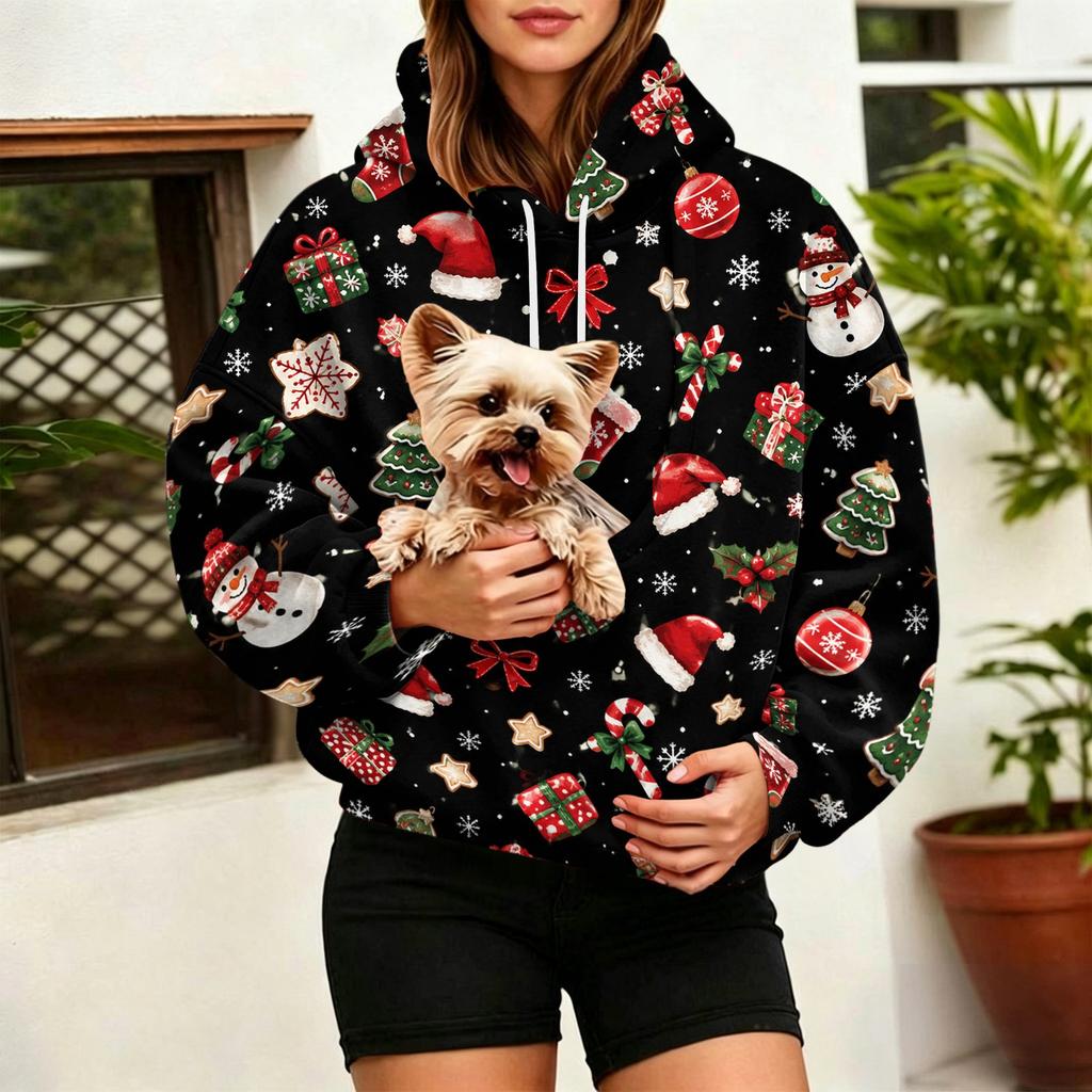 Women's Fashion Christmas Print Hooded Sweatshirt with Large Pet Pocket for Holiday