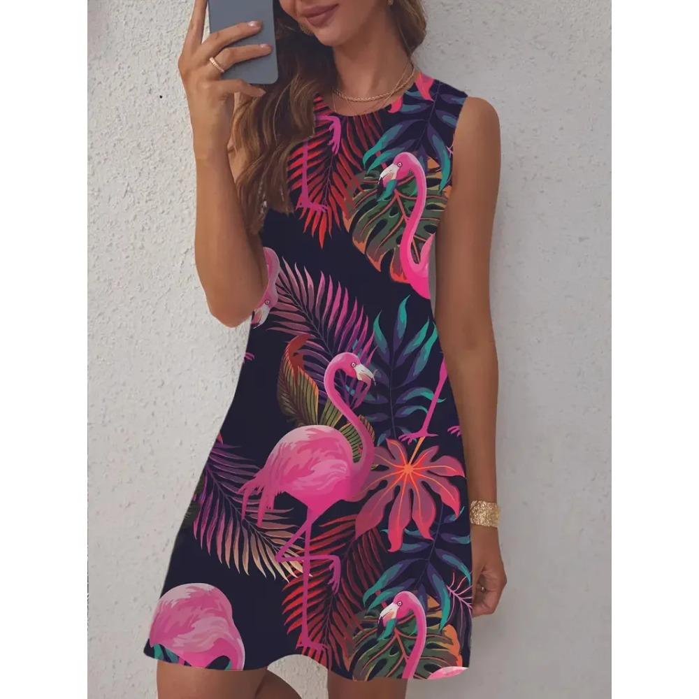 Robe débardeur d'été simple et colorée à imprimé floral sans manches Style vacances d'été Décontractée Confortable Douce Respirante Ample Robe mini pour femme