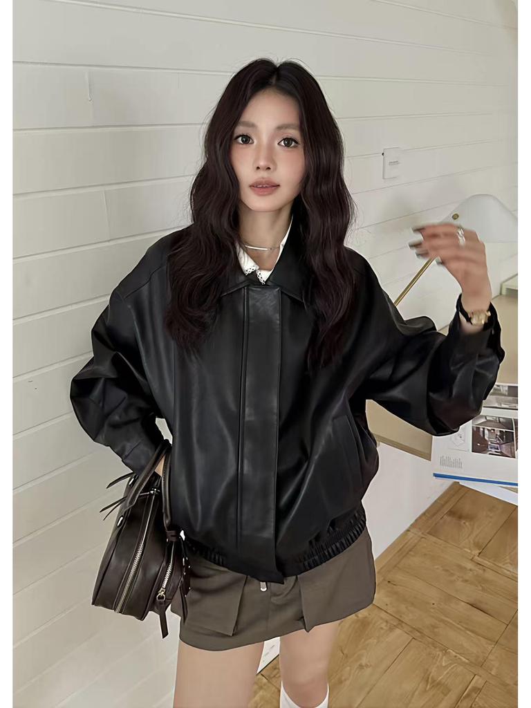 2025 Trendy American Retro Leather Jacket - Loose Fit for Spring & Autumn, Unisex Motorcycle Style, Cool Black