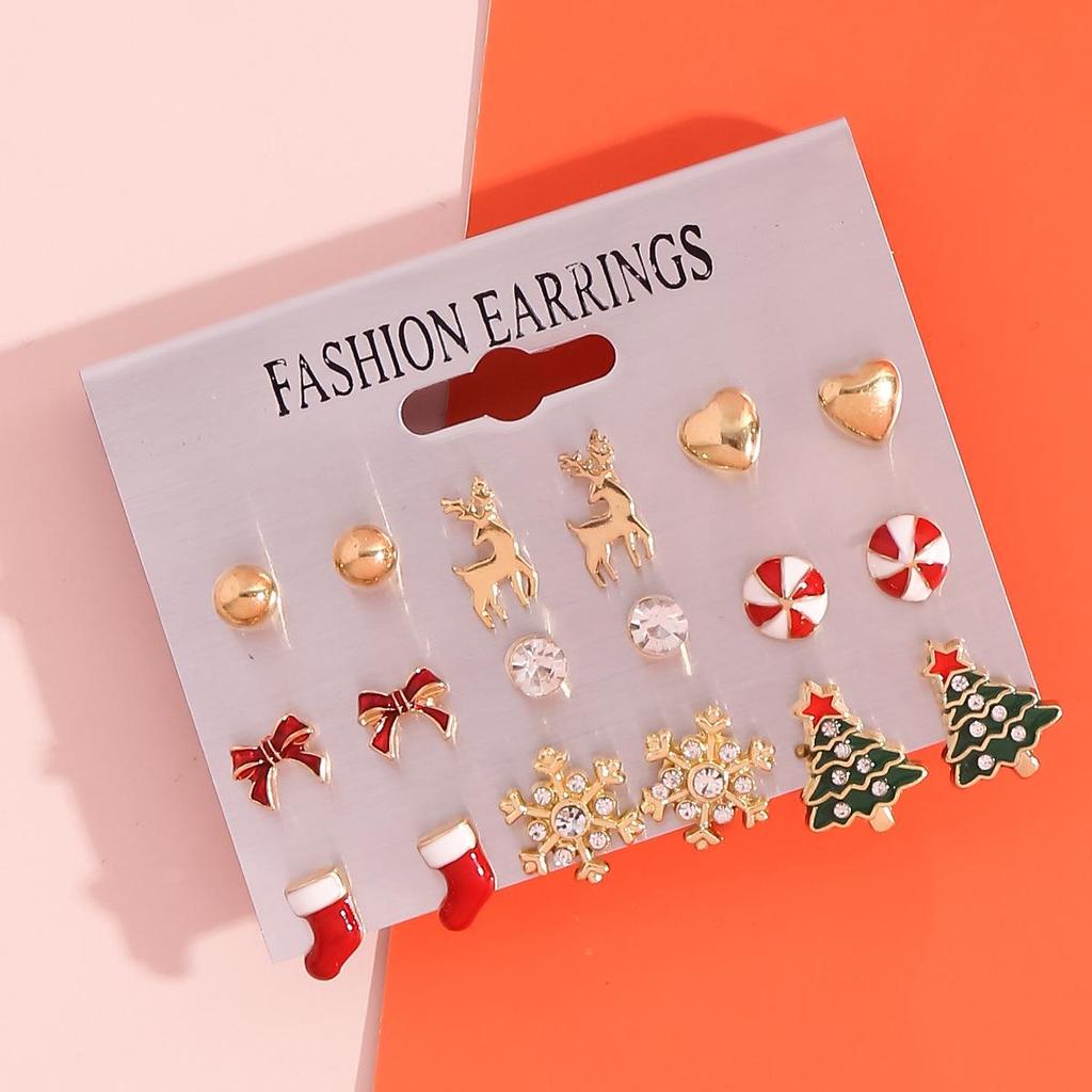 Exquisite Christmas Earrings: Diamond-Inlaid Tree, Snowflake, and Bell Studs