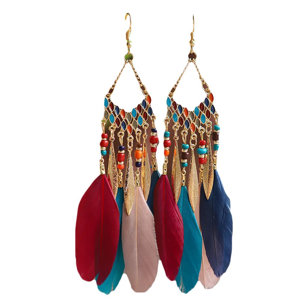Long Feather Tassel Earrings Indian Jewelry Natural Rice Beads Dangle Earrings