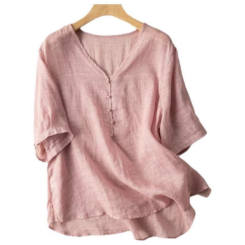 Short-sleeved T-shirt loose V-neck thin solid color versatile casual thin top summer new cotton and linen pullover T-shirt women