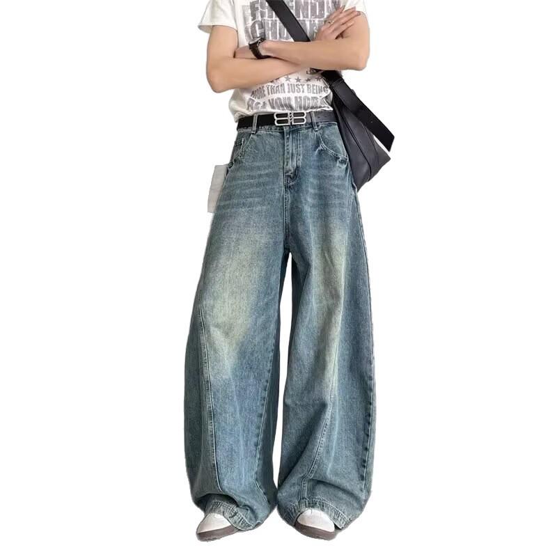 High Street Vibe Scimitar Wide-leg Jeans Men's Trend Cleanfit Splicing Loose Washing Old Mopping Pants