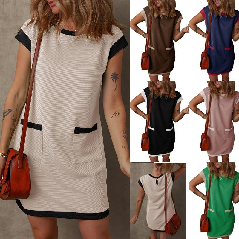 Damen Farbblock Kurzarm Pullover Tasche A-Linie T-Shirt Kleid
