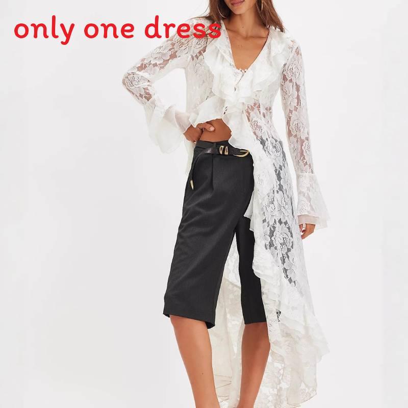 Abito Lungo in Pizzo Floreale con Scollo a V e Vita Alta per Uso Casual Estivo