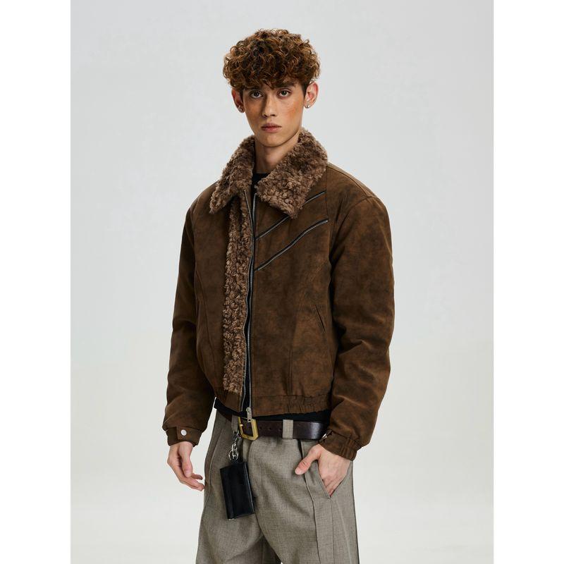 Cabbage Coke American Retro Thick Cotton Jacket for Men and Women, Loose Deconstructed Brushed High-End Fur Collar Coat