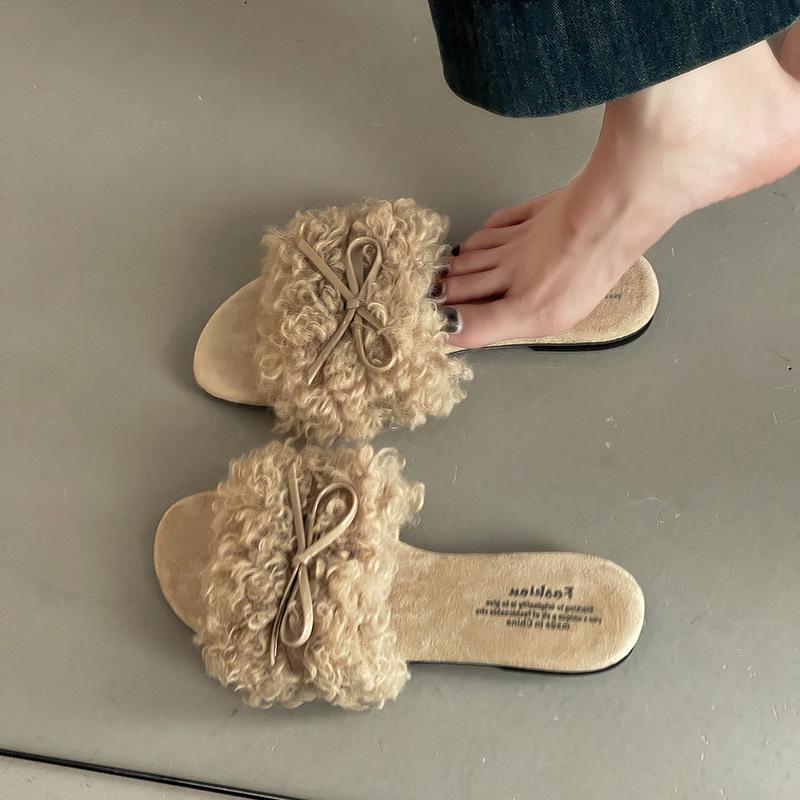 Retro Schleife Mädchen lässige flauschige Schuhe Herbst und Winter Mode vielseitige Hausschuhe einfach zu tragen bequem vielseitig Ein-Wort-Schlappen