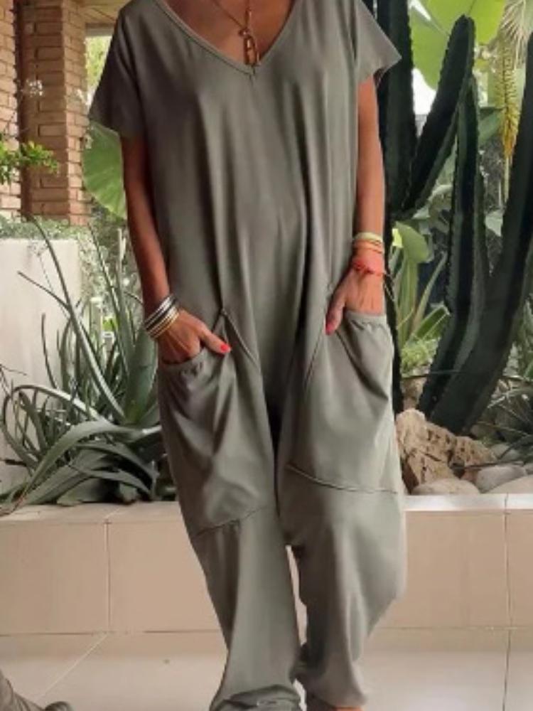 

Summer Women s Solid Color V-neck Oversized Pocket Low-end Jumpsuit 5XL світло-сірого кольору