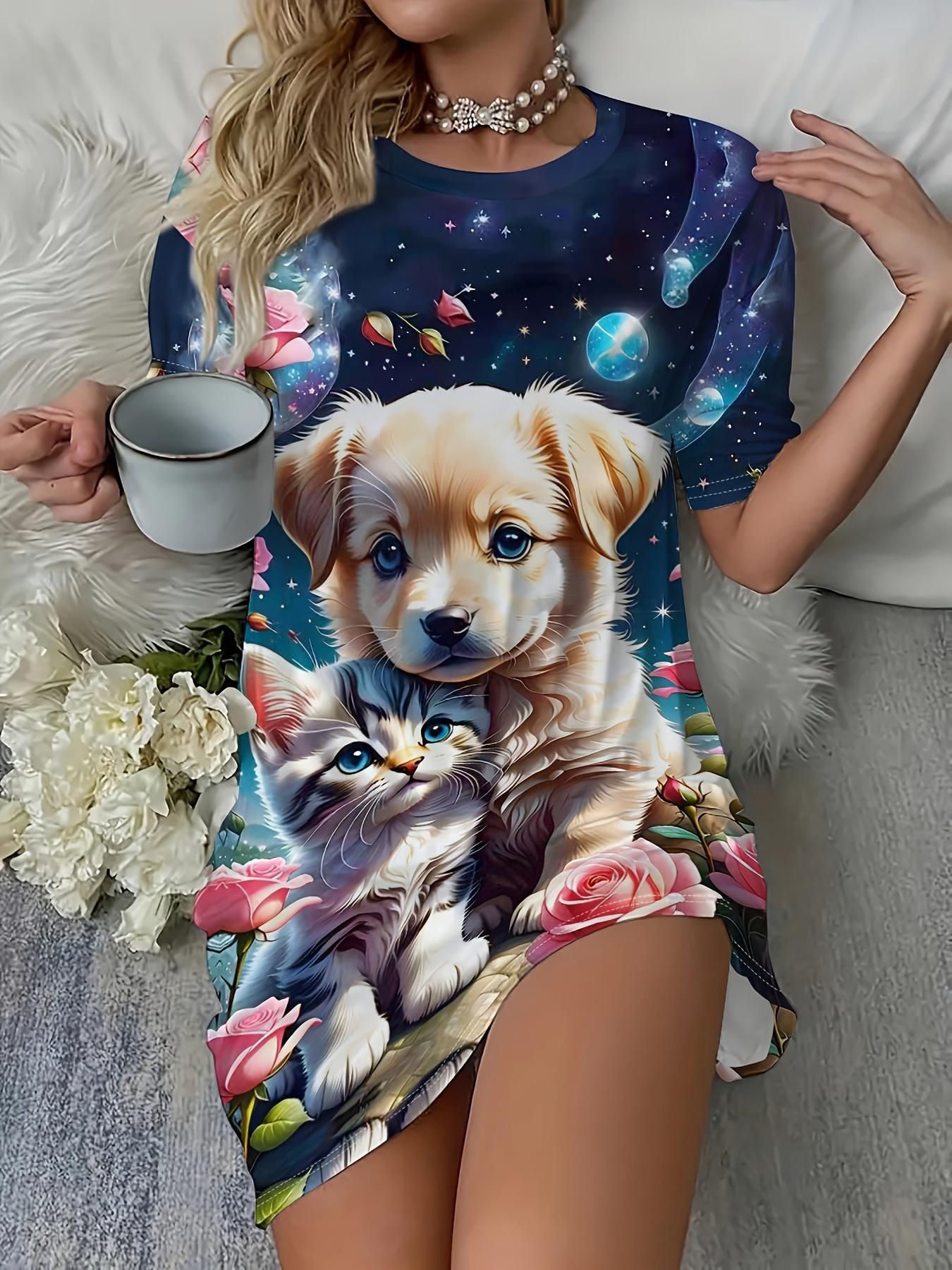 

Women s Puppy + Cat Print Round Neck Short Sleeve Casual Dress. Home Dress 8XL дубильна кора