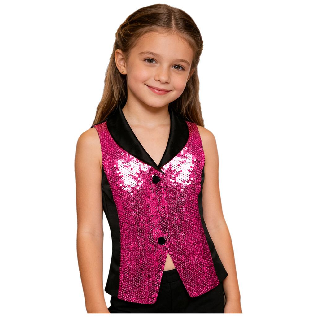 Třpytivá pódiová vesta pro dívky: Saténová vesta s kontrastními barvami, klopovým výstřihem a patentkami, Nezbytnost pro taneční kostým