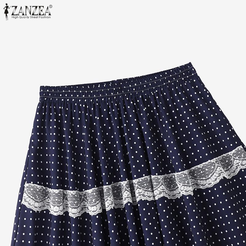 ZANZEA Damen Sommer Elastischer Bund Locker Lässig Spitze Einsatz Polka Dot Röcke