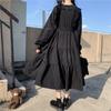 Japanese Sweet Lolita Dress Long-Sleeve Plus-Size High-Waisted Black Midi Dress Tummy-Control Pleated Swing A-line Skirt
