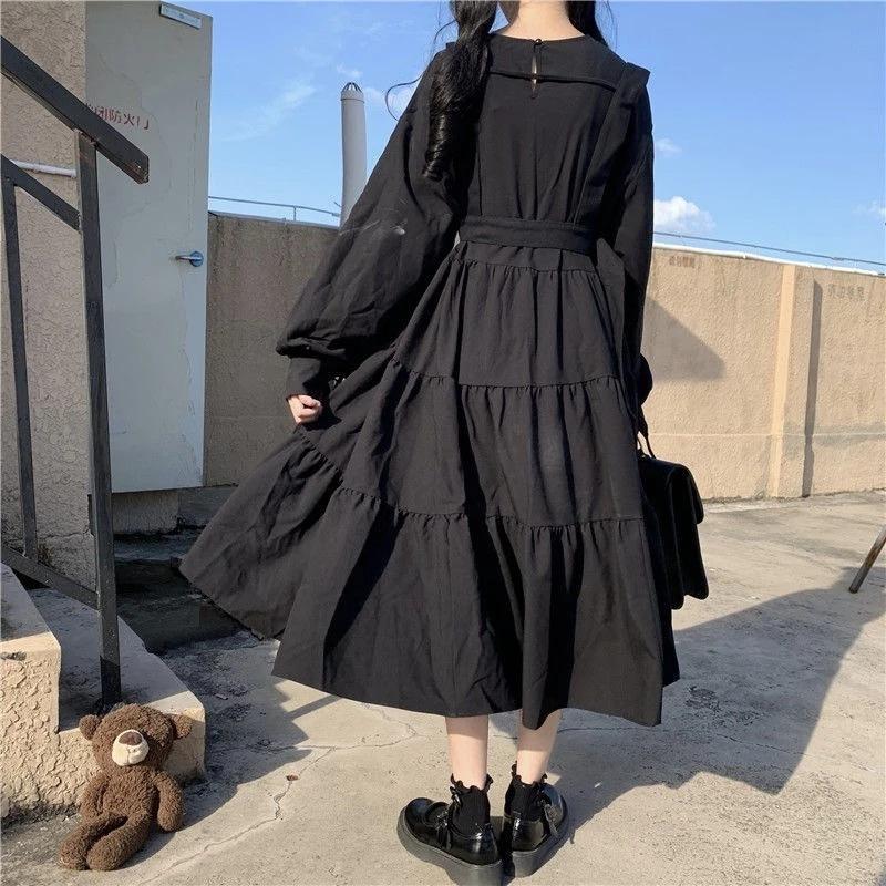 Japanese Sweet Lolita Dress Long-Sleeve Plus-Size High-Waisted Black Midi Dress Tummy-Control Pleated Swing A-line Skirt
