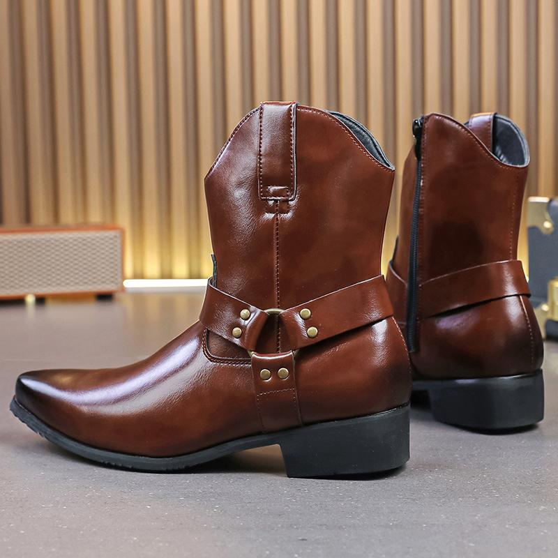 Fashion Men's Black Brown Pointed Punk Motorcycle Casual Ankle Boot Male Winter High Tops New Comfortable Chelsea Leather Shoes