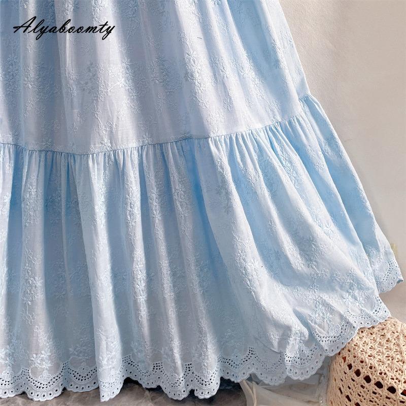 Prairie Chic Frühling Sommer Damen Blauer Midi-Rock Hohe Taille Ausgeschnitten Stickerei Rock Elegant Feminin Baumwolle Süße Röcke Damen