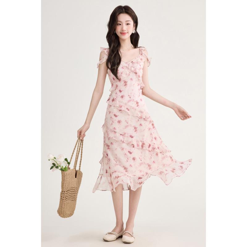 Women's French Retro Floral Spaghetti Strap Ruffle Dress - Petite, Summer Beach Vacation
