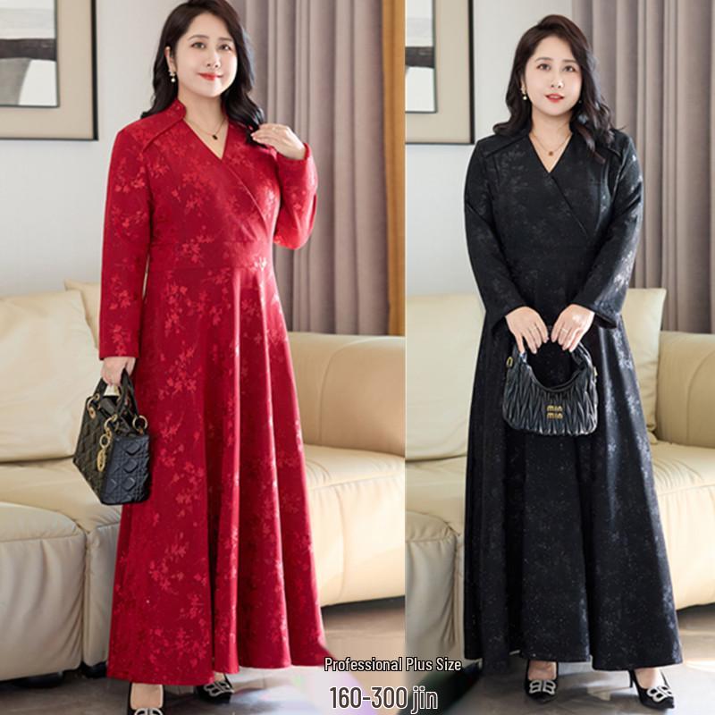 

2026 Spring Plus Size Women s V-Neck Long Sleeve Slimming Wide Hem Dress 4XL чорний