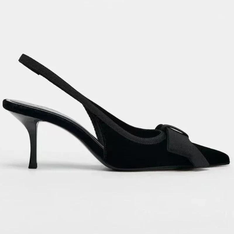 Fashion Black Velvet Butterfly-knot Designer Heeled Sandals Women Sexy Pointed Toe Slingbacks Women Pumps Elegant Party Dress High Heels