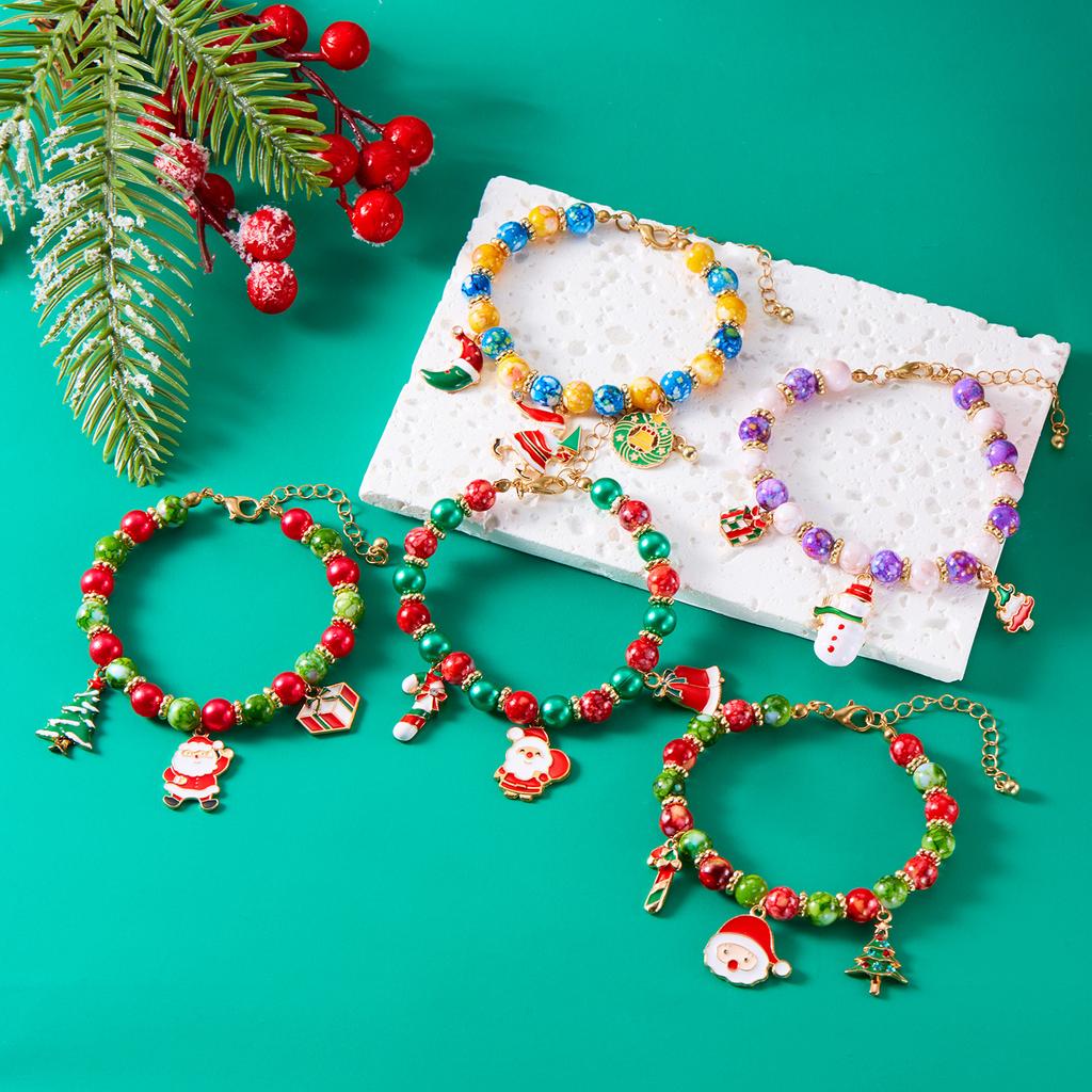 Pulseiras Coloridas Clássicas de Natal com Contas para Mulheres Fofas Pingentes de Papai Noel, Árvore de Natal, Boneco de Neve Pulseiras Joias de Amizade