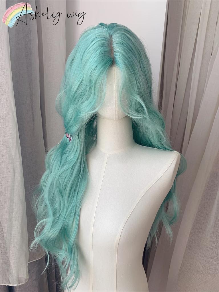 Peluca Ashely Azul Verde para Mujer 24 pulgadas de Largo Cabello Ondulado Peluca Fibra Sintética de Alta Calidad Pelucas Lolita Verde Menta Frescas Modernas Pelucas