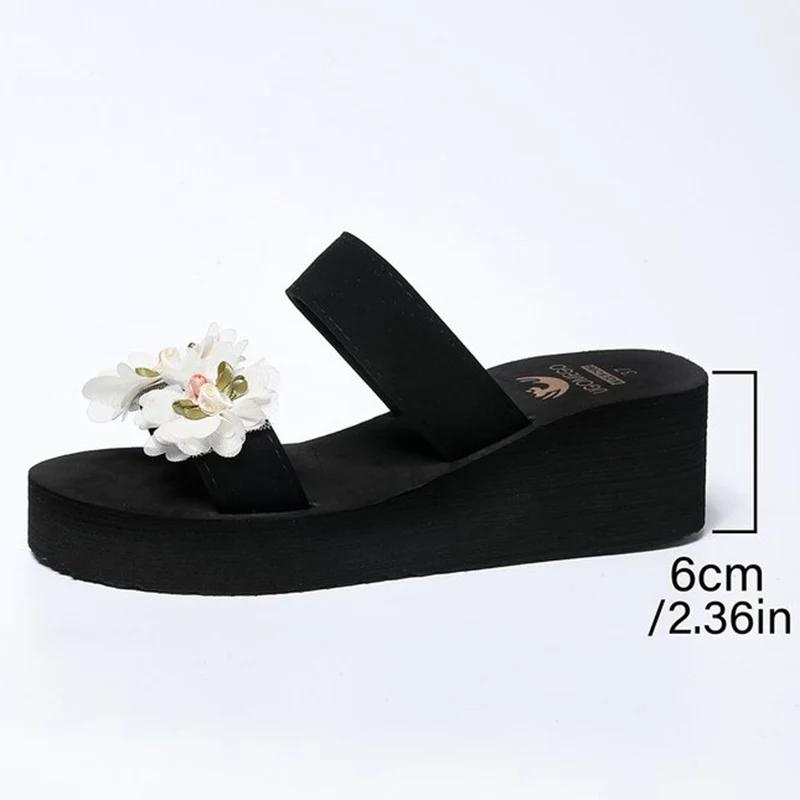 Fashion Sweet Flower Decor High Heel Slippers Women Summer Arch Support Open Toe Sandal Ladies Fashion New Flock Wedge Flat Slides Mujer