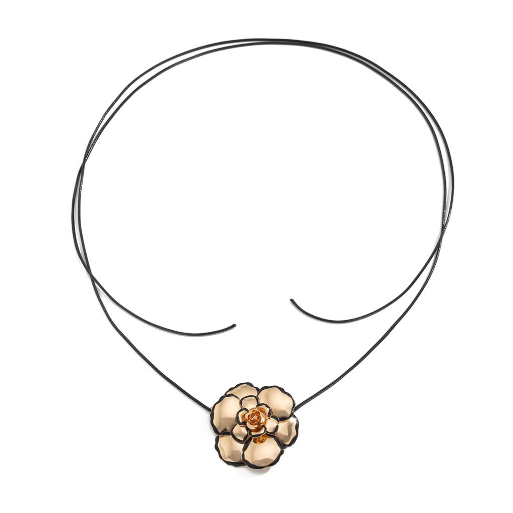 PuRui Gothic Unique Black Leather Wax Thread Adjustable Necklace Women Black Lace Dripping Oil Flower Pendant Banquet Zircon