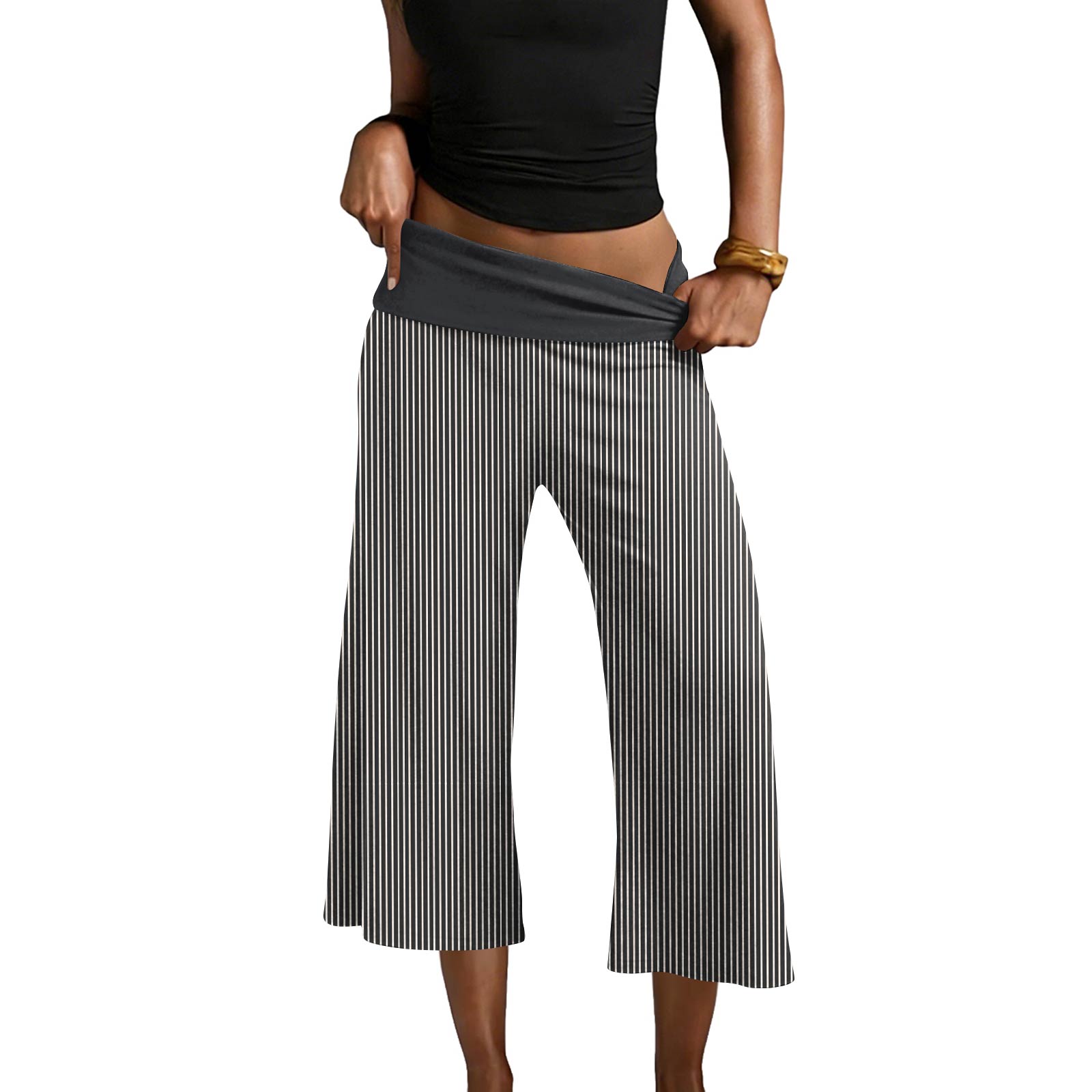 

Women’s Wide Leg Cropped Pants with Foldover Waistband and Vertical Stripe Pattern for Comfortable Fit XL чёрный