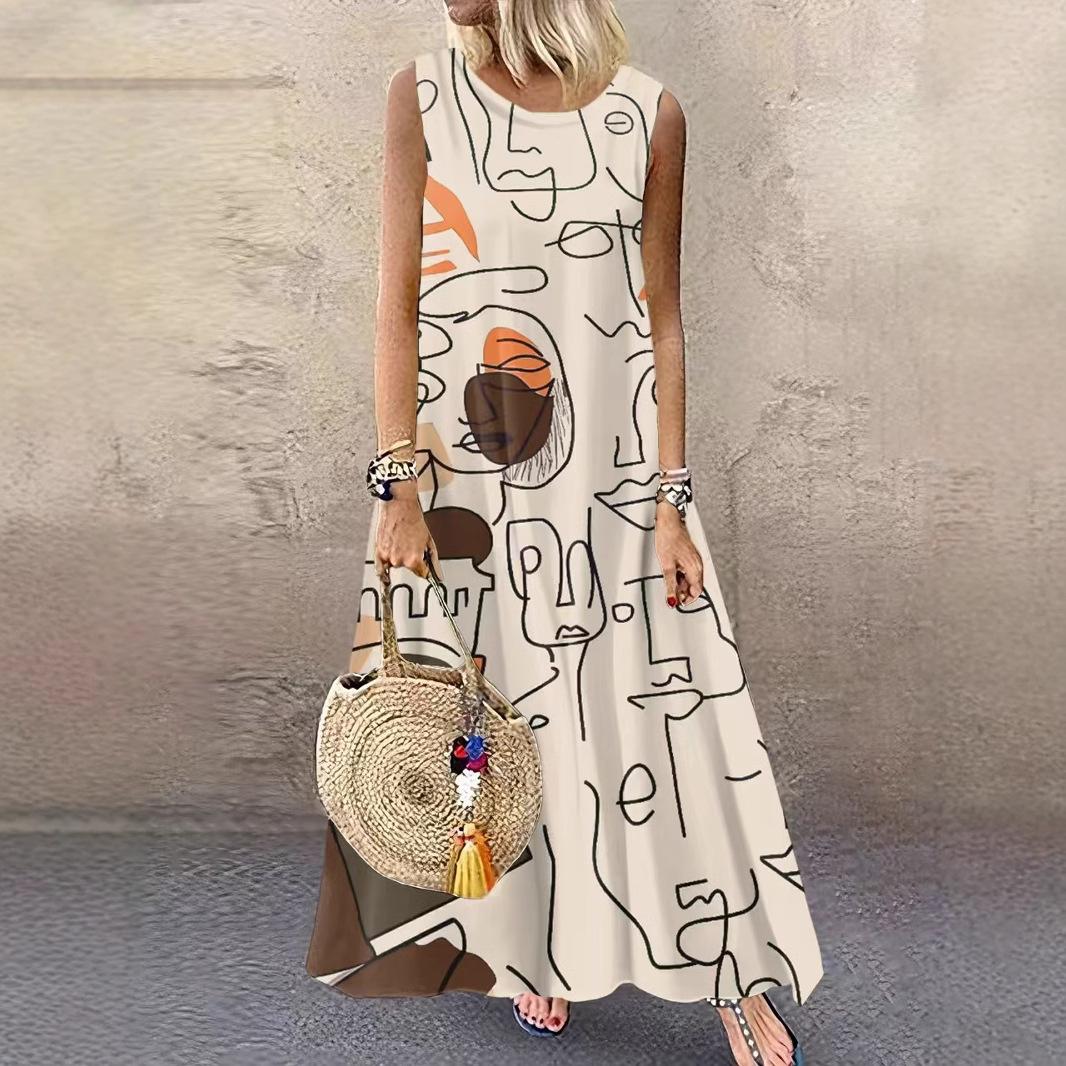 

Женское летнее платье без рукавов с круглым вырезом и винтажным принтом, свободное повседневное пляжное длинное платье XXL бежевый