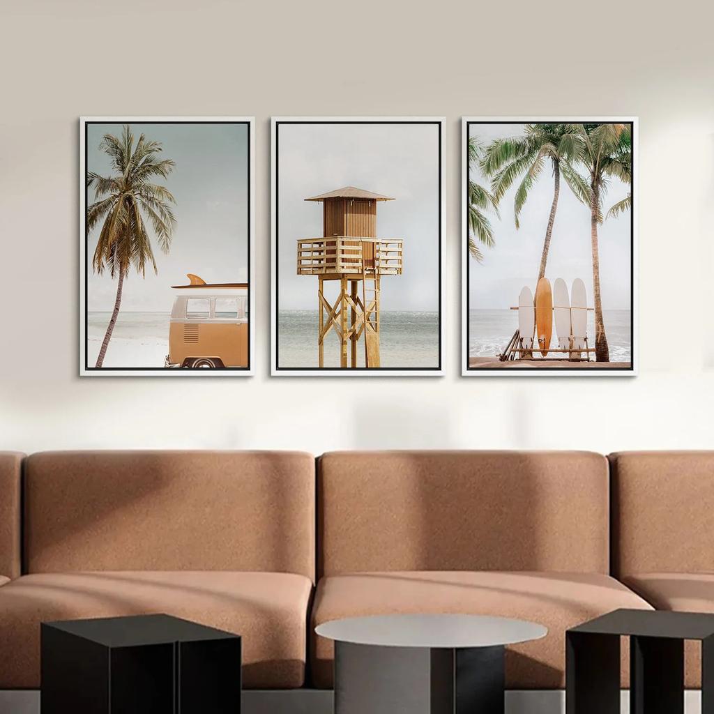 Wall Art Set of 3 Tropical Palm Tree Beach Lifeguard Pier Surfboard Print Ocean Photography Coastal Cottage Coastal Room Decor