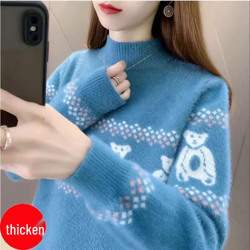 Damen Pullover aus Nerz-Fleece - Herbst/Winter 2025, Dick, Locker, Halboher Kragen, Gestrickt, Modisches Kurzes Oberteil