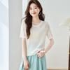 Srcr Women's Premium Hollow-Out Knit Short Sleeve Top with Silk Blend