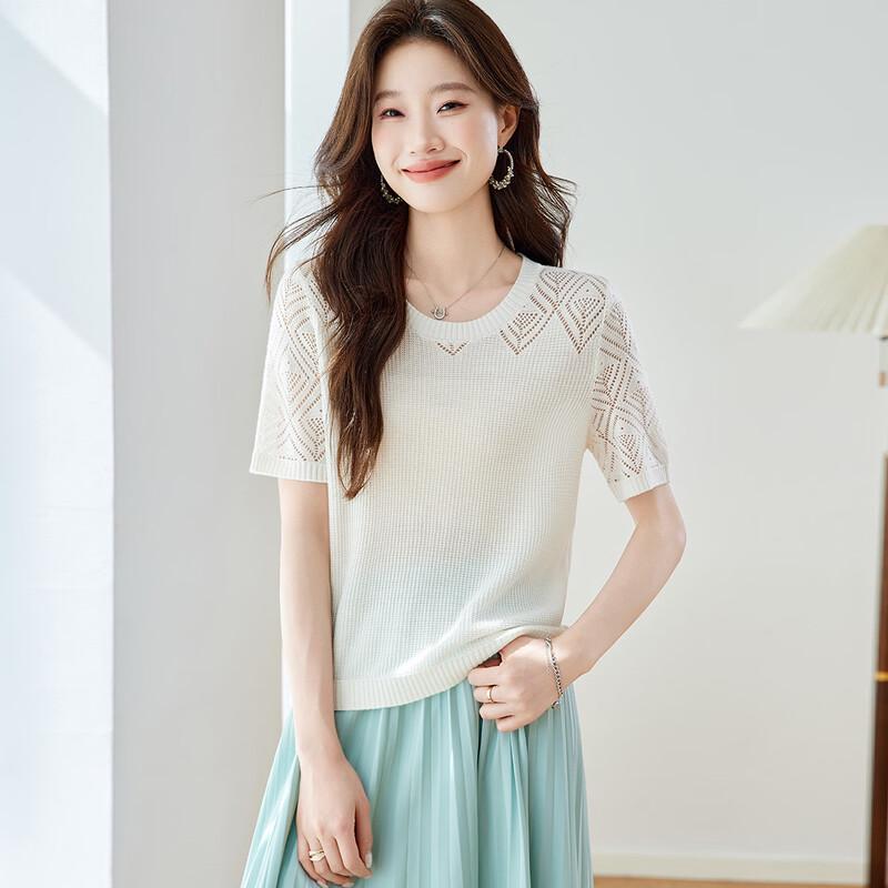 Srcr Women's Premium Hollow-Out Knit Short Sleeve Top with Silk Blend