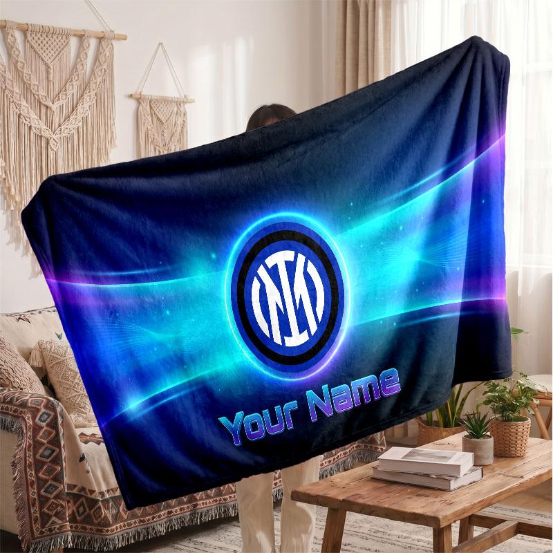 Inter Milan Personalized Fleece Blanket With Football Logo, Custom Name Text Soft Warm Home Throw Blanket