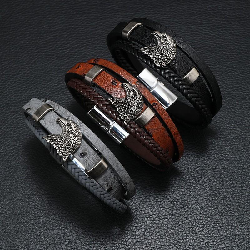 European and American Retro Style Eagle Alloy Magnetic Buckle Multi-layer Hand-woven Men's Leather Bracelet