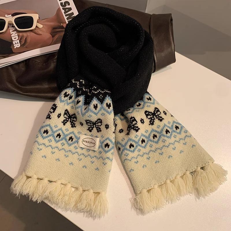 Red bow knitted fringed scarf women's winter atmosphere versatile Christmas warm student scarf