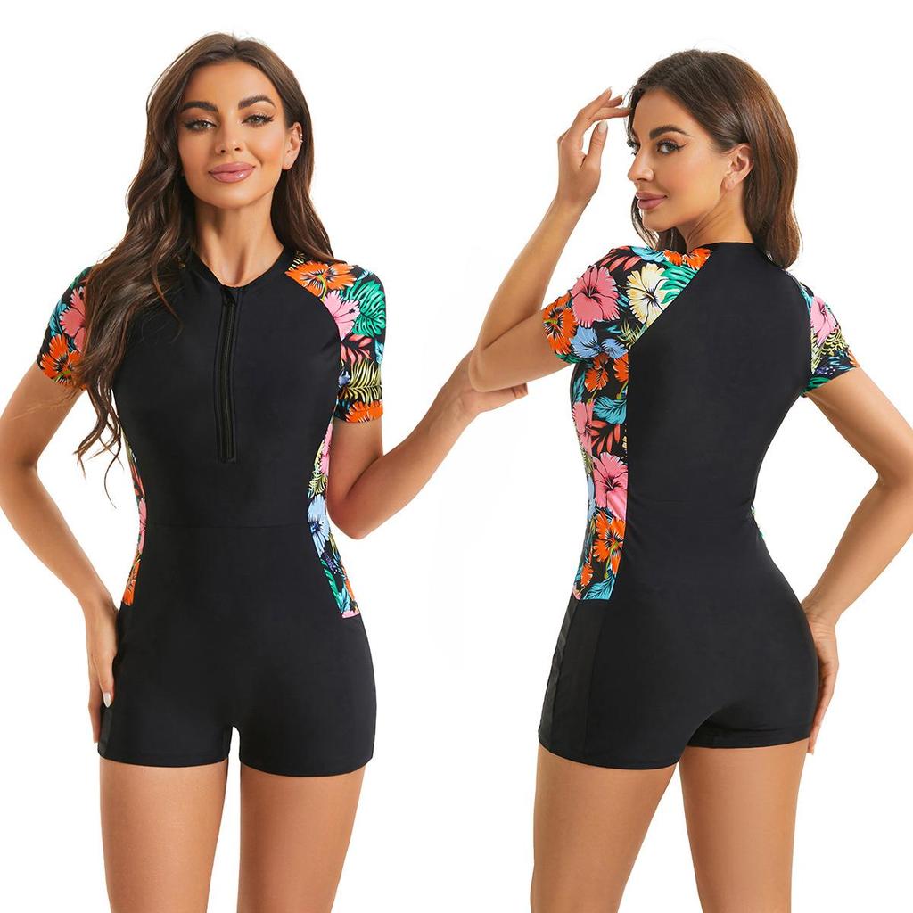 Damski jednoczęściowy strój kąpielowy w blokach kolorów zapinany na zamek do surfingu i sportów wyczynowych