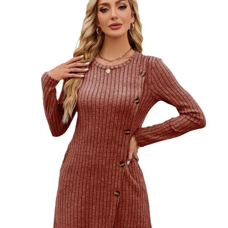 Round Neck Long-sleeve Dress with Side Button Pockets and A Cinched Waist