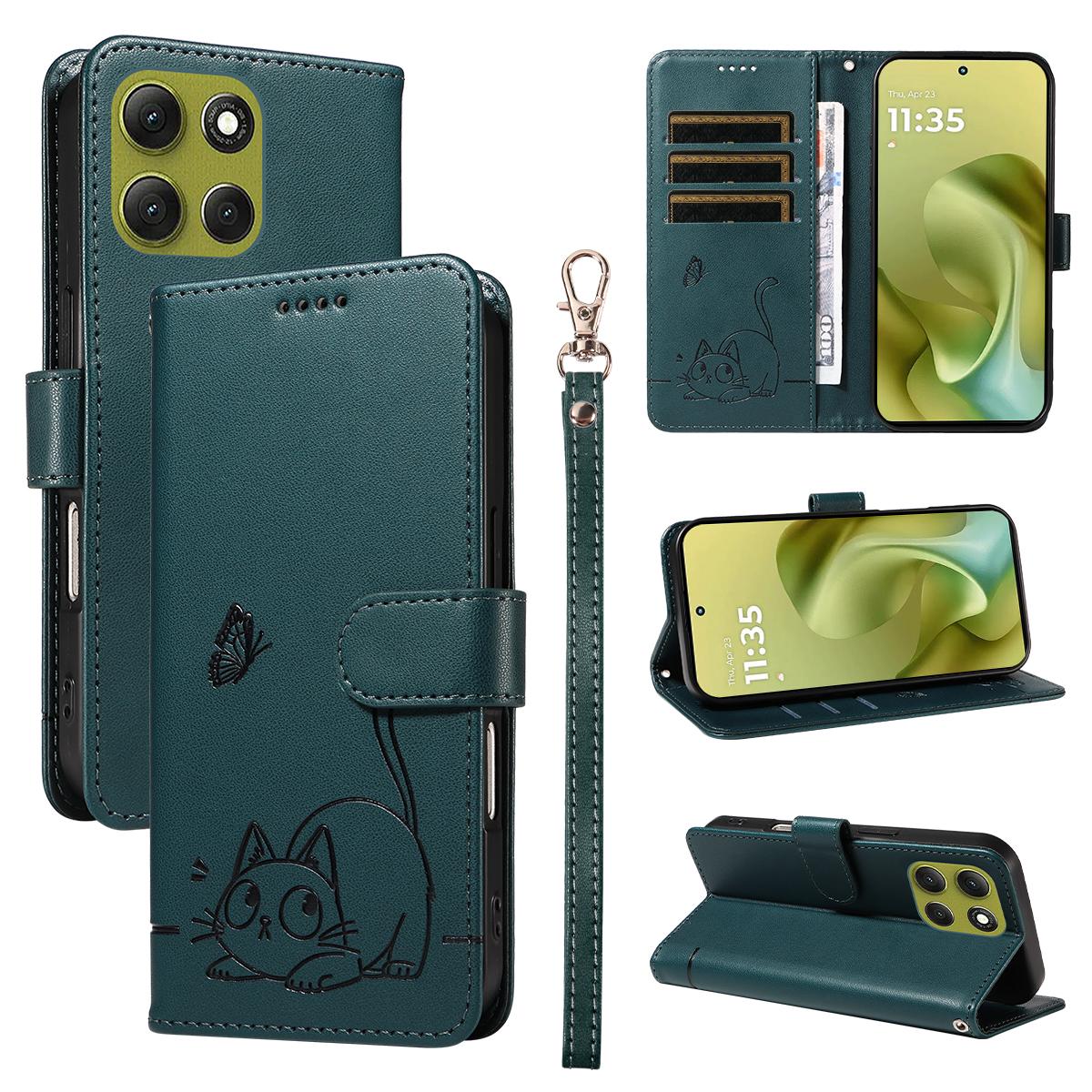 

Чехол для Motorola Moto G86 5G/G86 Power 5G Кожаный чехол для телефона с тиснением в виде кошки и ремешком на запястье Blue