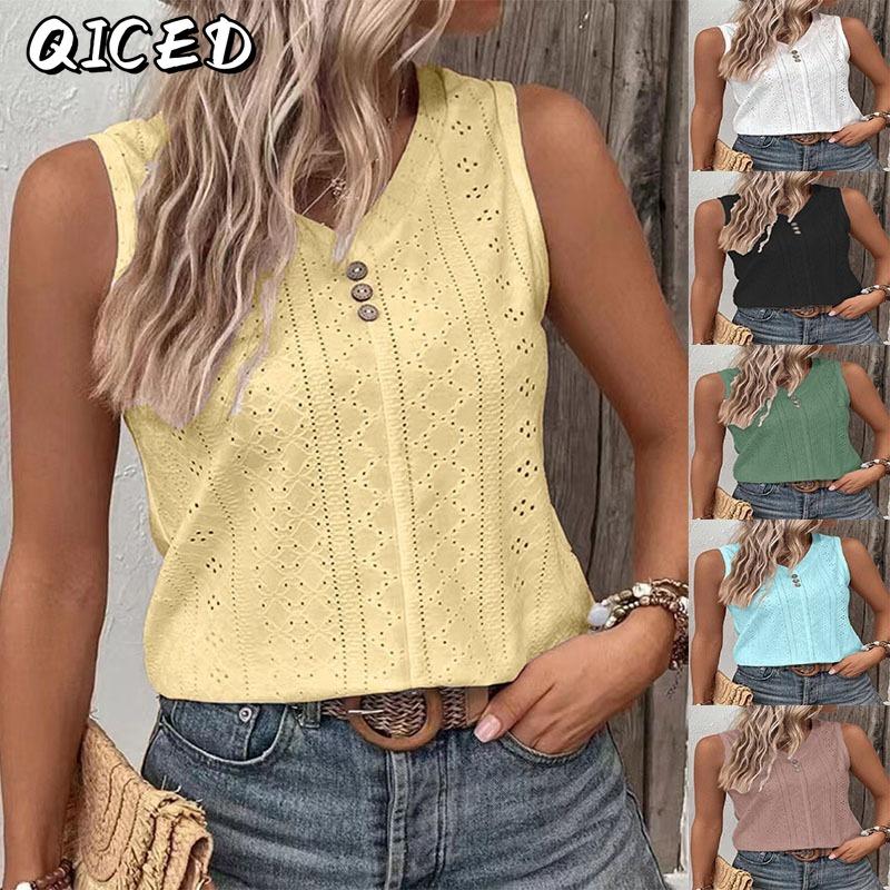 QICED Women's Fashion Casual Solid Color Print Sleeveless V-Neck Blouses & Shirts