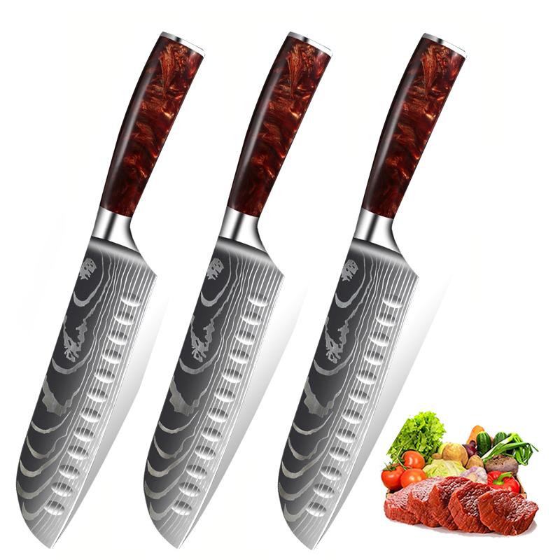 7inch Damascus Pattern Kitchen Knives Japanese Santoku Knife Meat Cleaver Fruit Slicing Knife Utility Knives Red Resin Handle