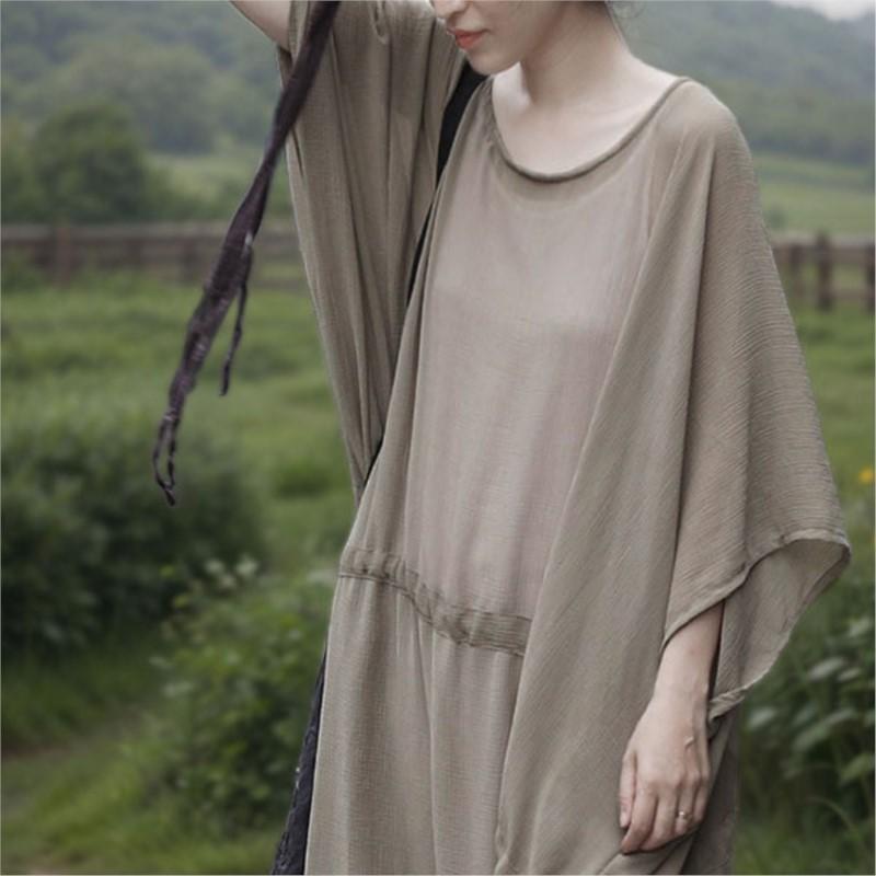 Johnature Women Vintage Soft Dress O-Neck Bat Sleeve Summer Solid Color Bandage Female Dress