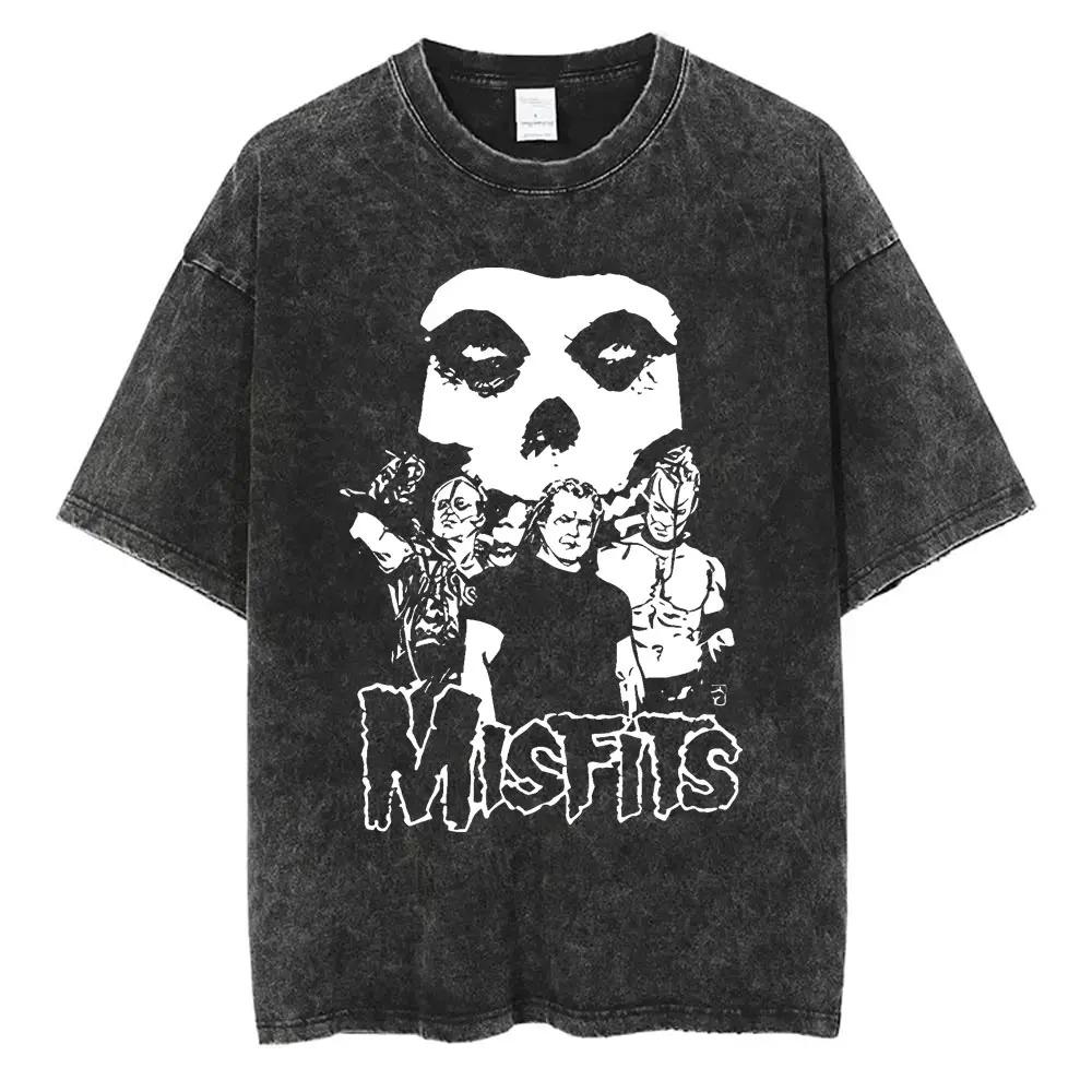 2026 Washed Vintage Hardcore Punk Band Misfits Tshirt Horror Skeleton Graphic T-shirt Men Women's Fashion Casual Oversized T Shirts