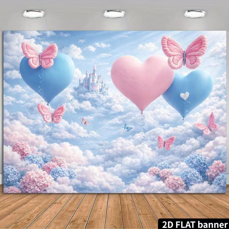 2D Pastel Sky Castle Birthday Background, Clouds & Floral Butterfly Themed Banner for Kids Photoshoot Decor 47.2x31.5inch/120*80cm