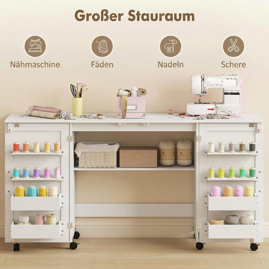 Foldable Sewing Table with 2 Magnetic Doors, Rolling Craft Table with 4 Boxes, 20 Holding Pins, Storage Compartment, White