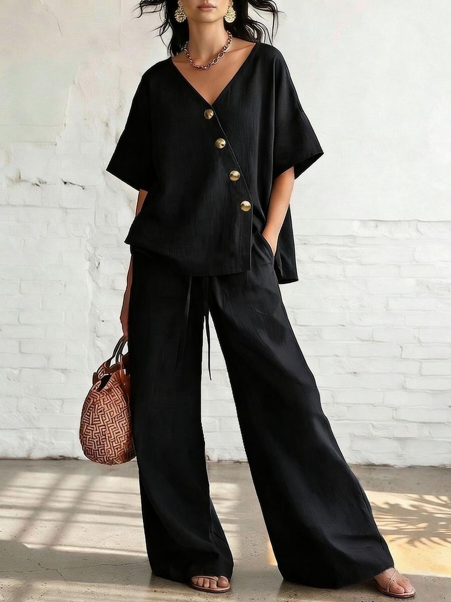 

Women s Fashion Casual Solid V-Neck Loose Short Sleeve Top with Drawstring Pants Set XXXL чорний