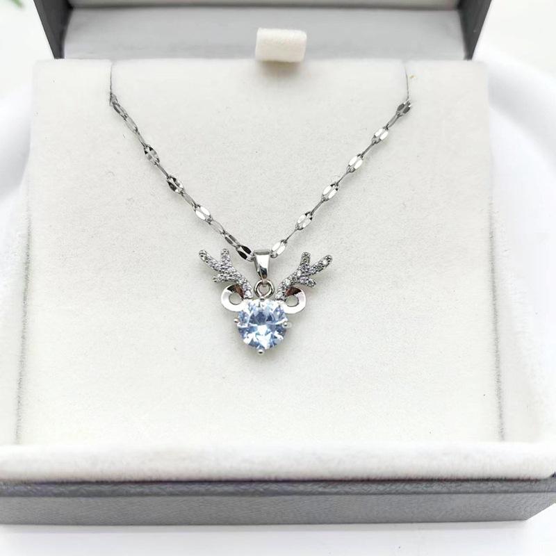 1 Pcs Fashionable Women's Necklace Copper Pendant Glass Antlers with Steel Collarbone Chain Girl's Beautiful Gift
