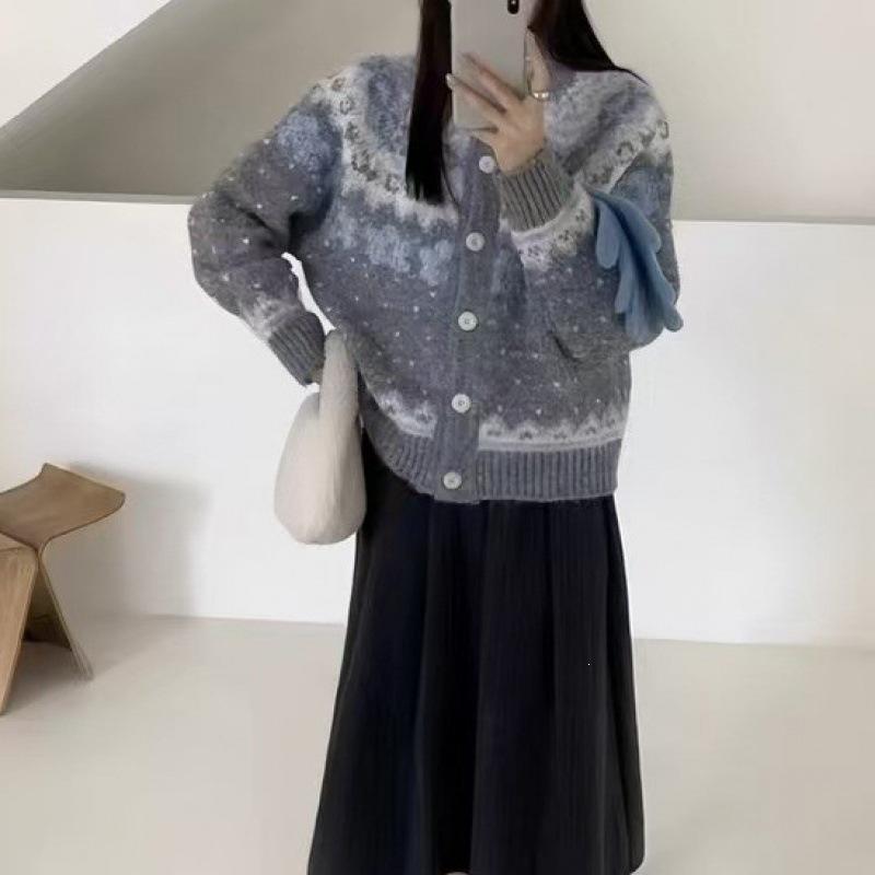 Women's Retro Fair Isle Knit Cardigan - Autumn/Winter Loose Fit Sweater Outerwear