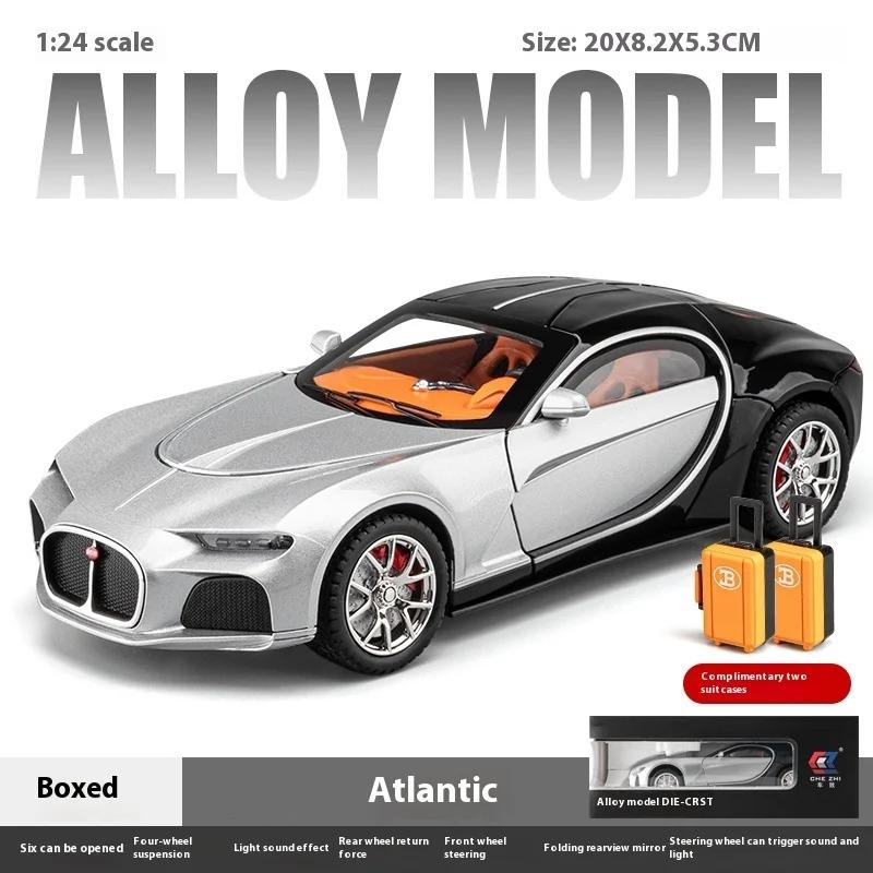 

Модель автомобиля Bugatti Atlantic Alloy в масштабе 1/24, с подсветкой и аутентичными звуками, идеальный подарок для детей и автолюбителей серебряный/чёрный