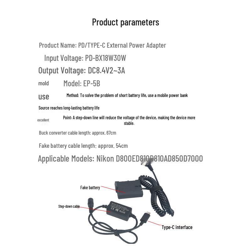 EP5B Type-C Adapter for Nikon D810, D500, D7500, D850, Z6, Z7 with EN-EL15 Battery Compatibility
