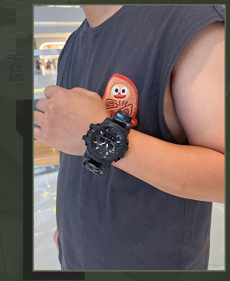 Men's Outdoor Survival Watch with Dual Display, Life-Saving Rope, Fire Starter, Whistle, and Compass